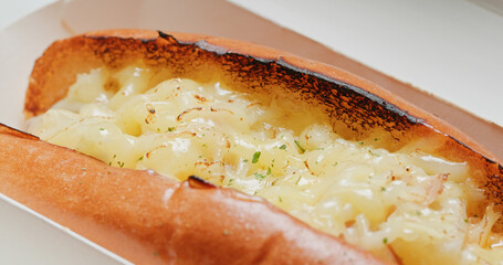 Homemade cheese hot dog close up