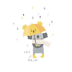 Cute Koala bear animal with kawaii umbrella vector illustration isolated on white. Let it rain lettering. Rainy weather graphics for Scandinavian childish nursery design.