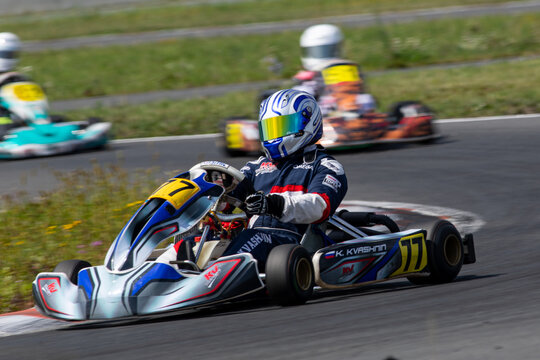 Unidentified pilots compete on the Atron track in the Rotax max Cup RAF series of sports karting, track race