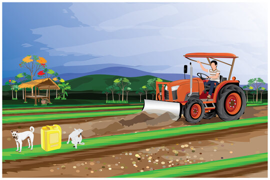agriculturist use tractor plow in paddy field vector design