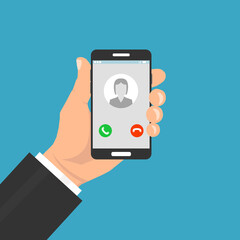 Hand holding smartphone with incoming call and finger touch screen. Vector illustration.