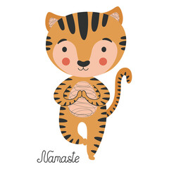 Stylish cartoon smiling illustration of tiger cub in yoga asana on white background. Feline in a tree pose and calligraphic inscription Namaste. Graphic design, poster, sticker, t-shirt print. Vector.