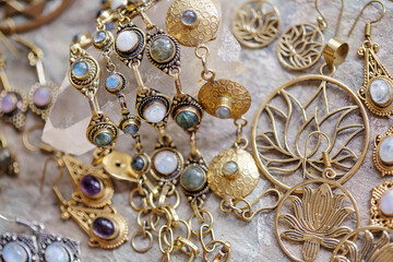 Brass jewelry with natural mineral gemstones on natural rocky background