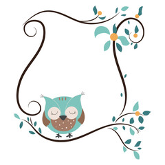 Cute owl clipart and frame. Green frame. Cartoon invitation card. Owl on the tree.