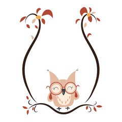 Cute owl clipart and frame. Brown frame. Cartoon invitation card. Owl on the tree.