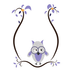 Cute owl clipart and frame. Lilac frame. Cartoon invitation card. Owl on the tree.