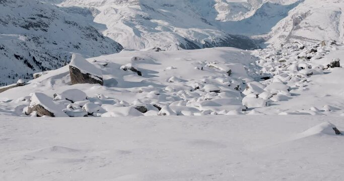 The Matterhorn face east and face north in morning light in winter, Video taken from the hiking trail from Blauherd to Fluhalp, above Zermatt in Valais, Switzerland.
