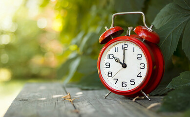 Red classic alarm clock in the garden. Save time, daylight saving concept, web banner with copy space.