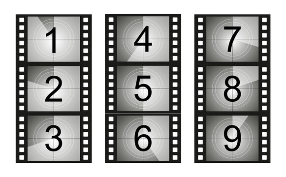 Set of countdown frame. Film countdown. Movie timer count. Retro cinema strip. Vintage timer count.