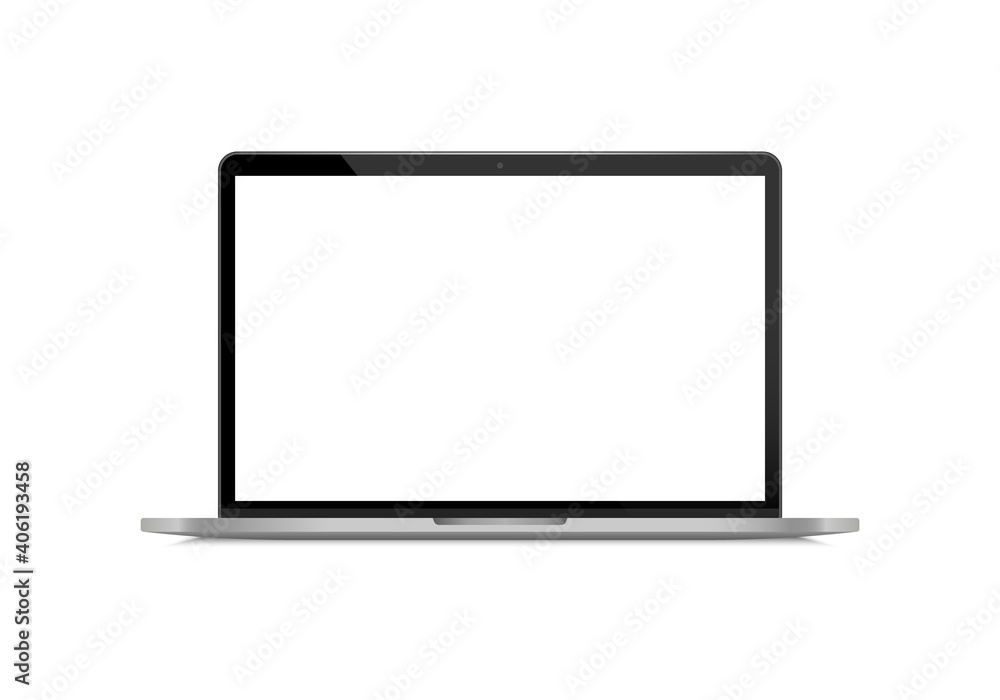Poster realistic laptop front view. laptop modern mockup. blank screen display notebook. opened computer sc