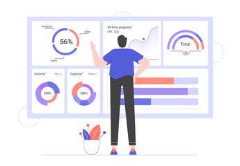Full-length man stands with his back in front of a large dashboard with financial data. Analytics, economic reporting, investment and trading. Information about the company. Vector flat illustration.