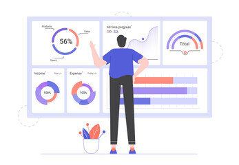 Obraz premium Full-length man stands with his back in front of a large dashboard with financial data. Analytics, economic reporting, investment and trading. Information about the company. Vector flat illustration.