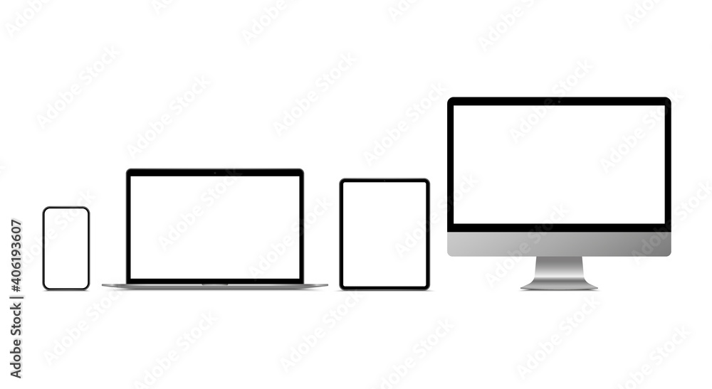 Poster realistic monitor computer, laptop, tablet and smartphone. modern device set. mock up desktop comput