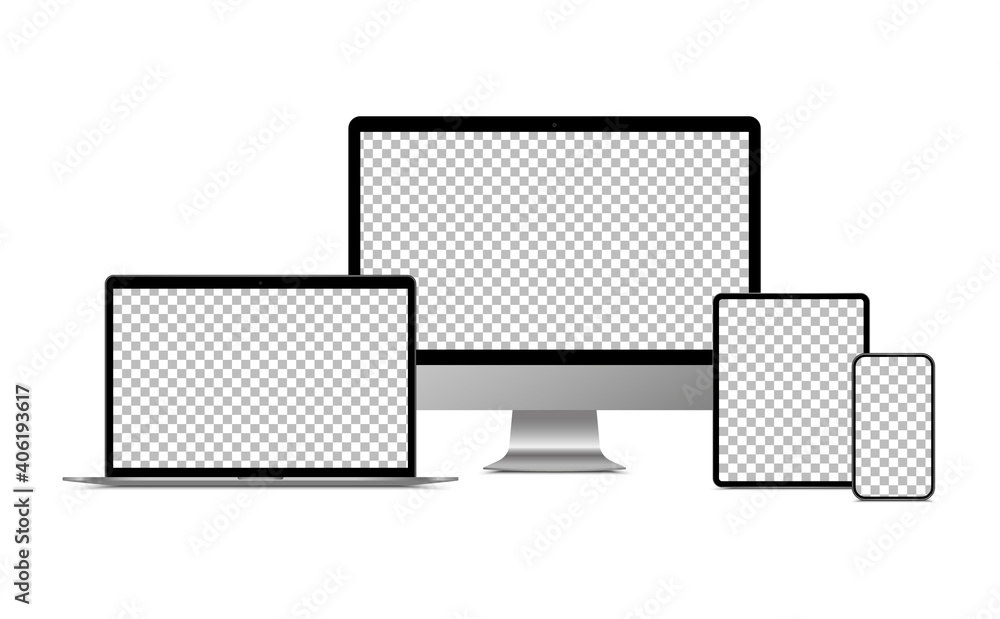 Poster realistic monitor computer, laptop, tablet and smartphone. modern device set. mock up desktop comput