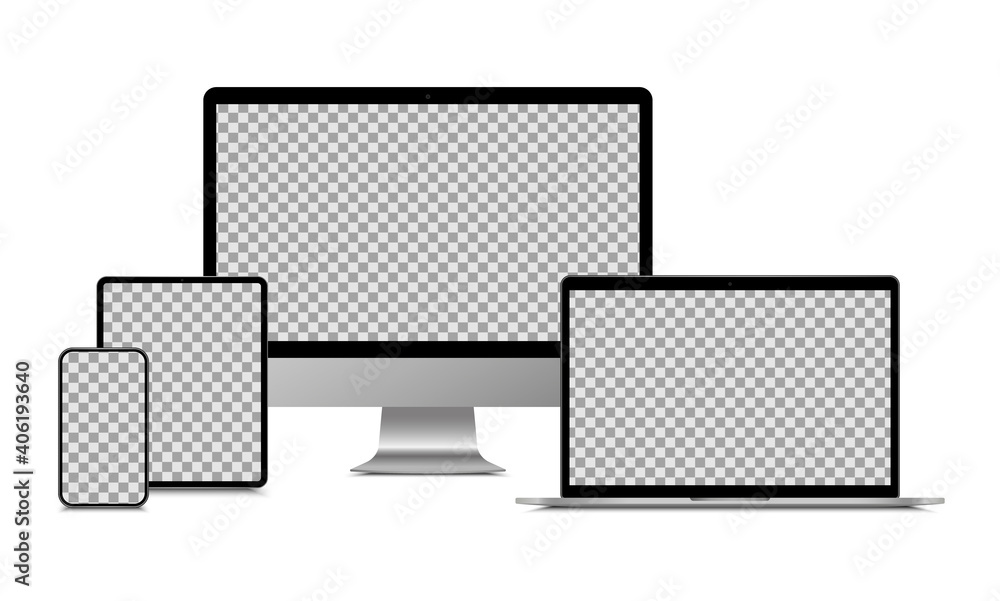 Poster realistic monitor computer, laptop, tablet and smartphone. modern device set. mock up desktop comput