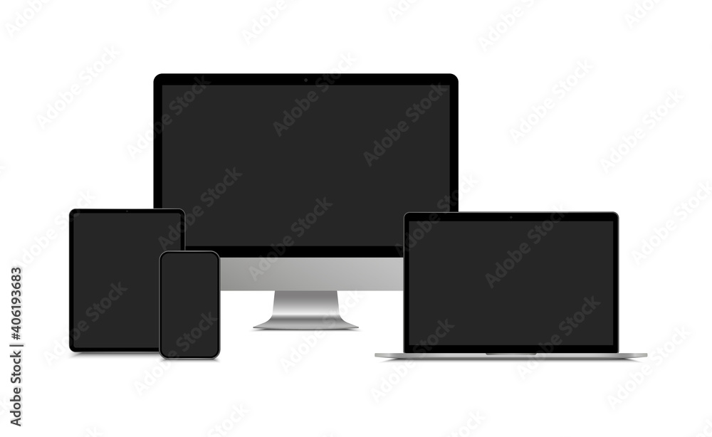 Poster realistic monitor computer, laptop, tablet and smartphone. mock up desktop computer, notebook, table