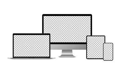 Realistic monitor computer, laptop, tablet and smartphone. Modern device set. Mock up desktop computer, notebook, tablet, mobile phone with background screen. Electronic gadgets.