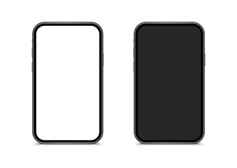 Smartphone mockup set. Realistic mobile phone with blank white and black screen. Phone front view. Modern device.