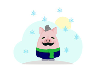 Postcard with Man pig on blue background, cute cartoon vector illustration