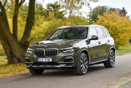 BMW X5 45e. Plug-in hybrid. Car while driving. 10-27-2020, Prague, Czech Republic.