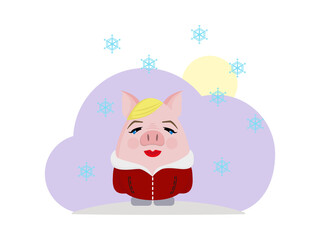 Postcard with female pig on violet background, cute cartoon vector illustration
