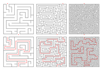 Maze. Education game labyrinth different level. Find right way. Set of square maze with path solution. Vector illustration.
