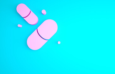 Pink Vitamin complex of pill capsule icon isolated on blue background. Healthy lifestyle. Minimalism concept. 3d illustration 3D render.