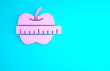 Pink Apple and measuring tape icon isolated on blue background. Excess weight. Healthy diet menu. Fitness diet apple. Minimalism concept. 3d illustration 3D render.