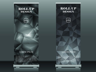 Roll up brochure flyer banner design template vector, abstract triangle pattern background, modern x-banner, rectangle size, dark and light blue theme.
