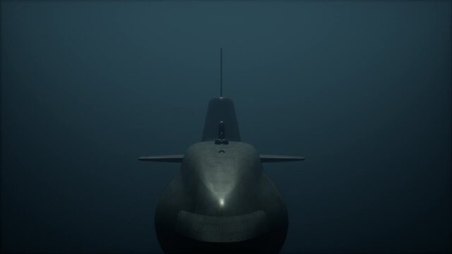 Submarine diving down underwater in deep murky water. Font view. 3D Animation.