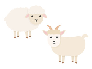 Cute sheep and goat character set. Cartoon farm animals collection. Vector illsutration isolated on white