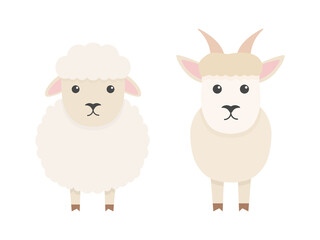 Cute sheep and goat character set. Cartoon farm animals collection. Vector illsutration isolated on white