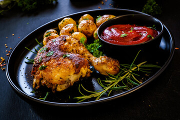 Barbecue chicken drumsticks with baked potatoes on black wooden table