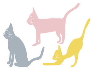 Isolated hand drawn cat sitting, standing, stretching. Flat scandinavian illustration set of three cat with white mustache and nose in different poses. Colorful cat squinting, tail sticking out