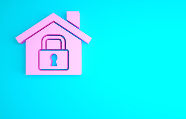 Pink House under protection icon isolated on blue background. Home and lock. Protection, safety, security, protect, defense concept. Minimalism concept. 3d illustration 3D render.