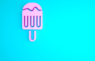 Pink Ice cream on stick icon isolated on blue background. Sweet symbol. Minimalism concept. 3d illustration 3D render.