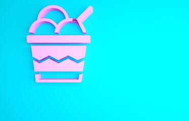 Pink Ice cream in the bowl icon isolated on blue background. Sweet symbol. Minimalism concept. 3d illustration 3D render.