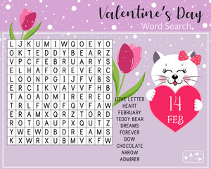 Beautiful Valentine's Day word search puzzle. Educational game for learning English. Crossword for children about holiday.   
Entertainment banner for social media. 14 february vector illustration.