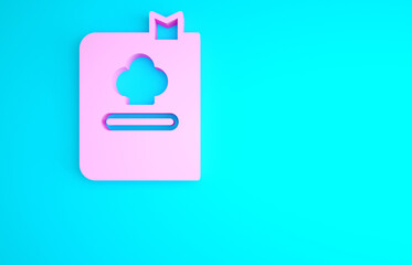 Pink Cookbook icon isolated on blue background. Cooking book icon. Recipe book. Fork and knife icons. Cutlery symbol. Minimalism concept. 3d illustration 3D render.