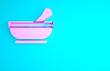 Pink Mortar and pestle icon isolated on blue background. Minimalism concept. 3d illustration 3D render.