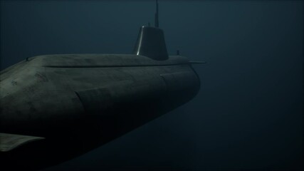 Submarine diving down under water. Submerged in deep murky waters. 3D Animation.