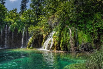 Amazing waterfalls with water coming down from lichens to turquoise coloured lake in Plitvice Lakes National Park UNESCO World Heritage, Croatia