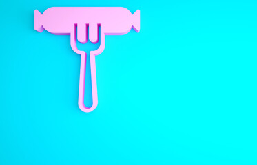 Pink Sausage on the fork icon isolated on blue background. Grilled sausage and aroma sign. Minimalism concept. 3d illustration 3D render.