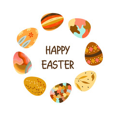 Round frame made of Easter eggs and the inscription Happy Easter in the center. Traditional symbol for the Orthodox and Catholic holidays. Happy easter. Colorful cartoon vector illustration isolated