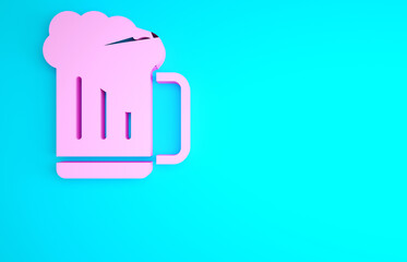 Pink Wooden beer mug icon isolated on blue background. Minimalism concept. 3d illustration 3D render.