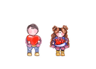 Watercolor drawing set Valentine's Day, boy and girl with red hearts in hands