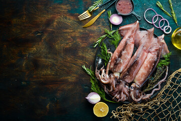 Raw squid with spices on a dark stone background. Top view. On a dark background.
