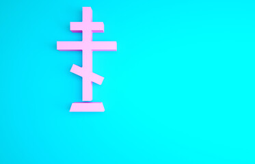 Pink Christian cross icon isolated on blue background. Church cross. Minimalism concept. 3d illustration 3D render.