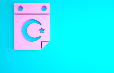 Pink Star and crescent - symbol of Islam icon isolated on blue background. Religion symbol. Minimalism concept. 3d illustration 3D render.