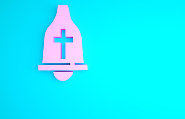 Pink Church bell icon isolated on blue background. Alarm symbol, service bell, handbell sign, notification symbol. Minimalism concept. 3d illustration 3D render.